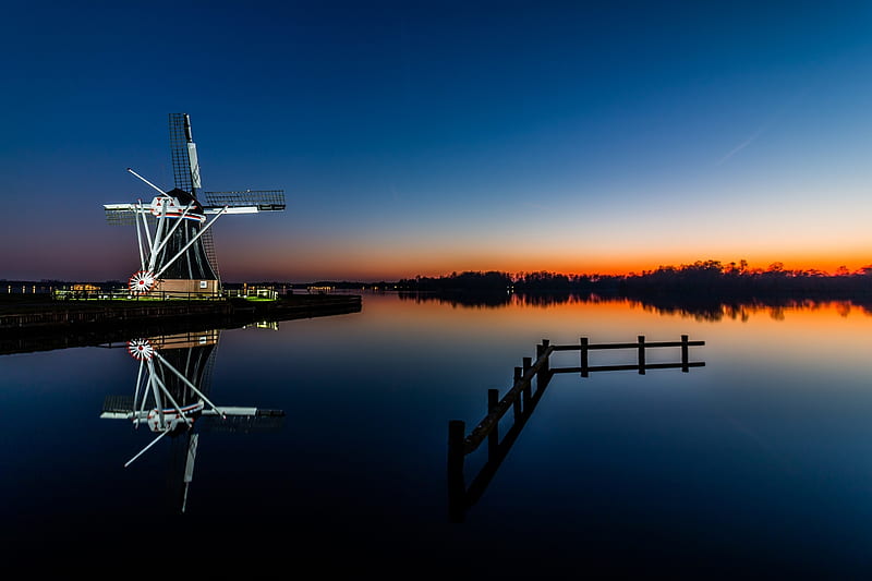 Evening Sunset, Reflection, Windmill, Holland, Netherlands, HD wallpaper