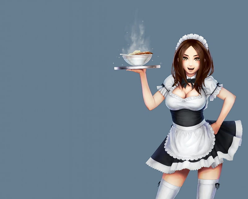 At Ur Service, cg, bonito, waitress, anime, hot, beauty, anime girl, longhair, apron, realistic, female, food, black, smile, sexy, smiling, happy, girl, maid, white, HD wallpaper