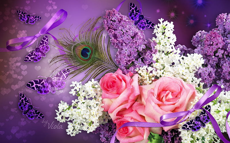 Lilacs and Roses, Viola Tricolor, art, desenho, creation, butterflies, spring, bow, roses, corazones, lilacs, purple, feather, peacock feather, vilet, HD wallpaper