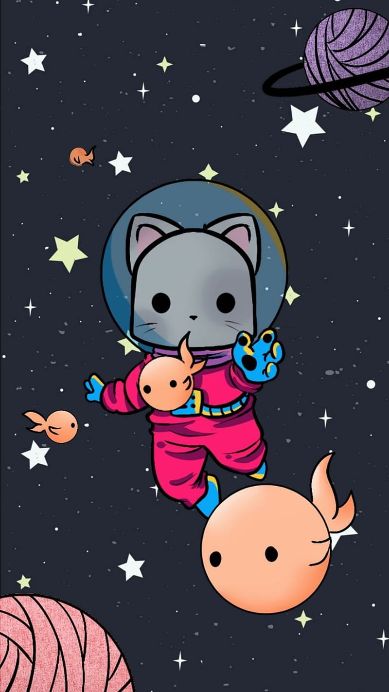 Space Kitty, cats, drawings, kitten, stars, yarn, HD phone wallpaper