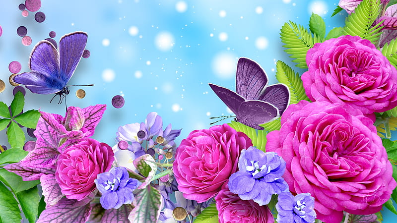 Flowers of Colors, garaden, shine, butterflies, spring, roses, lights, peonies, bokeh, purple, summer, flowers, garden, pink, Firefox Persona theme, HD wallpaper