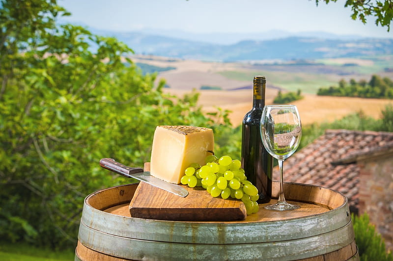 Taste of Tuscanny, grapes, tun, wine, cheese, landscape, HD wallpaper