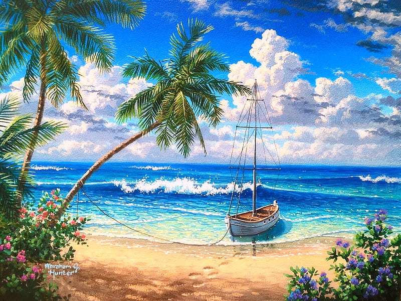 Summer Getaway, love four seasons, attractions in dreams, sky, clouds, palm trees, sea, boat, paintings, paradise, beaches, summer, seaside, nature, HD wallpaper