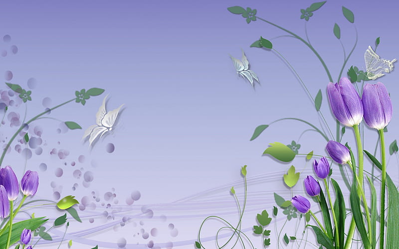 **Gentle Purple in Spring**, pretty, colorful, scents, bonito, adorable, digital art, sweet, leaves, blossom, fantasy, flutter, butterfly, gentle, love, bright, flowers, tulips, blooms, animals, wings, lovely, colors, butterflies, spring, softness, cute, cool, purple, plants, flying, tender touch, white, HD wallpaper