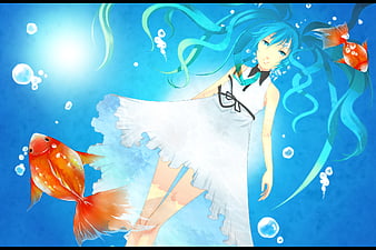 Cute Fish Girl, emia wang, Anime, Black Hair, Blue Eyes, Fish Girl