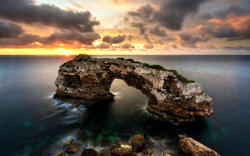 Es Pontàs, natural arch at Mallorca, Balearic Islands, mediterranean, sky, sea, spain, clouds, HD wallpaper