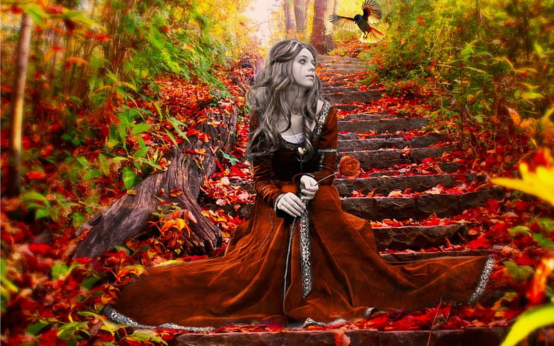 He will not come, my little winged friend..., forest, fall, autumn, rose, leaves, loneliness, girl, bird, solitude, sorrow, season, steps, HD wallpaper