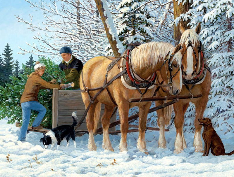 December Traditions, christmas tree, people, painting, cart, artwork, xmas, horses, HD wallpaper