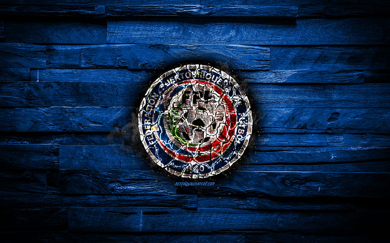 Puerto Rico, burning logo, CONCACAF, blue wooden background, grunge, North America National Teams, football, Puerto Rican soccer team, soccer, Puerto Rico national football team, HD wallpaper