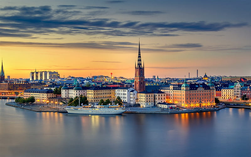 Stockholm, Maria Magdalena Church, Sodermalm, morning, sunrise, landmark, Stockholm panorama, Sweden, HD wallpaper