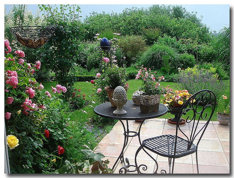 Summer Garden, home, summer, garden, roses, terrace, HD wallpaper
