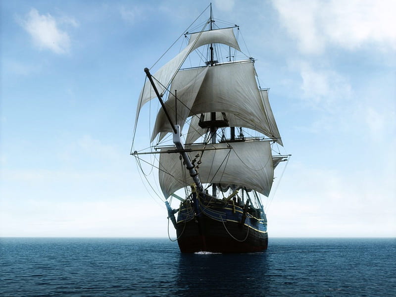 Three Masts Tall Sailboat, anchor, ocean, sails, sky, clouds, boats, water, material, nature, white, sailboats, blue, HD wallpaper