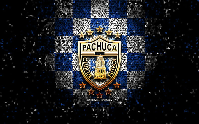 Pachuca FC, glitter logo, Liga MX, blue white checkered background, soccer, mexican football club, Pachuca logo, mosaic art, football, CF Pachuca, HD wallpaper