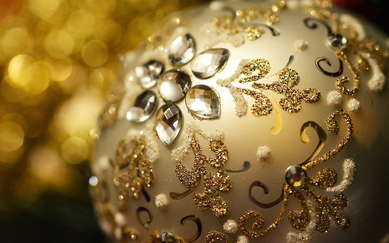 Christmas golden ball, decoration, gems, Christmas, New Year, HD wallpaper