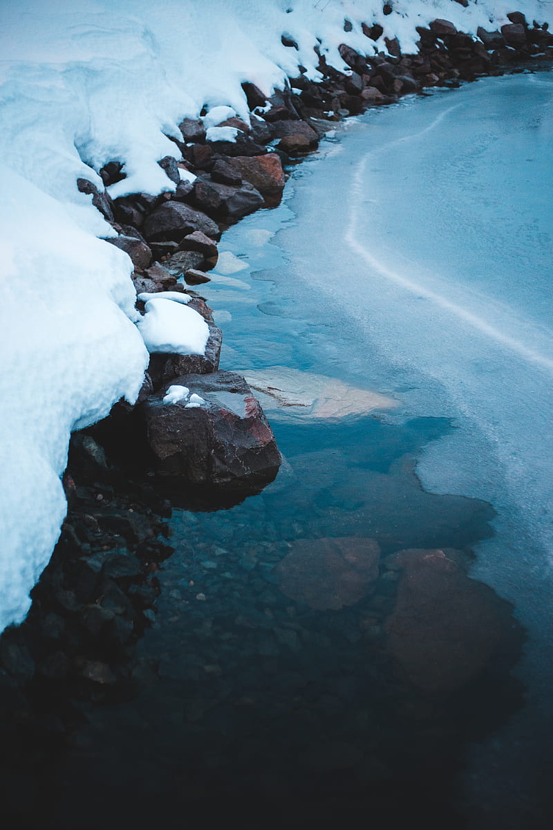 ice, snow, stones, shore, frozen, HD phone wallpaper