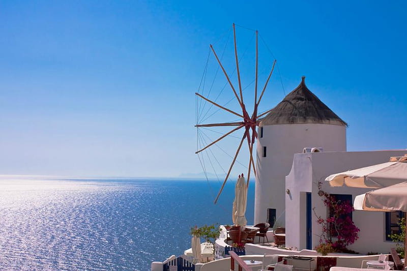 My country, greece, windmill, view, oia, sky, sea, santorini, white, blue, HD wallpaper