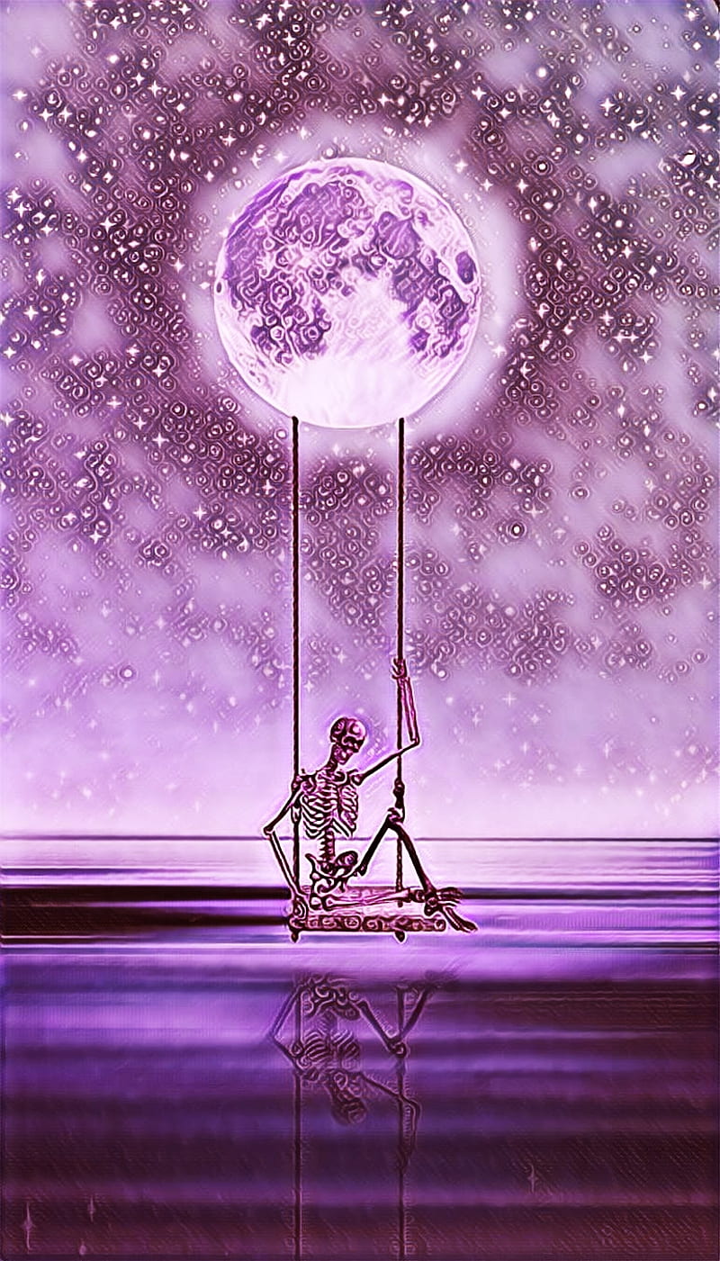 Swinging Death, moon, peace, purple, skeleton, swing, violet, water, HD phone wallpaper