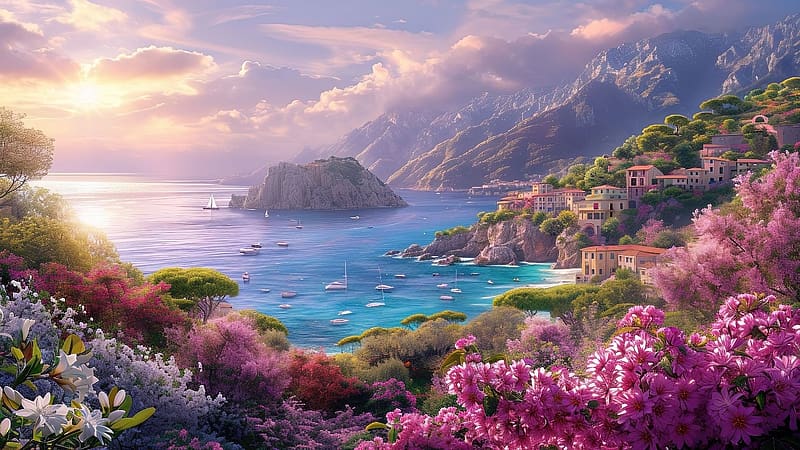 Colorful afternoon scene with a view of the sea, tajkep, egbolt, sziklak, szines viragok, tenger, napfeny, hazak, falu, hajok, HD wallpaper