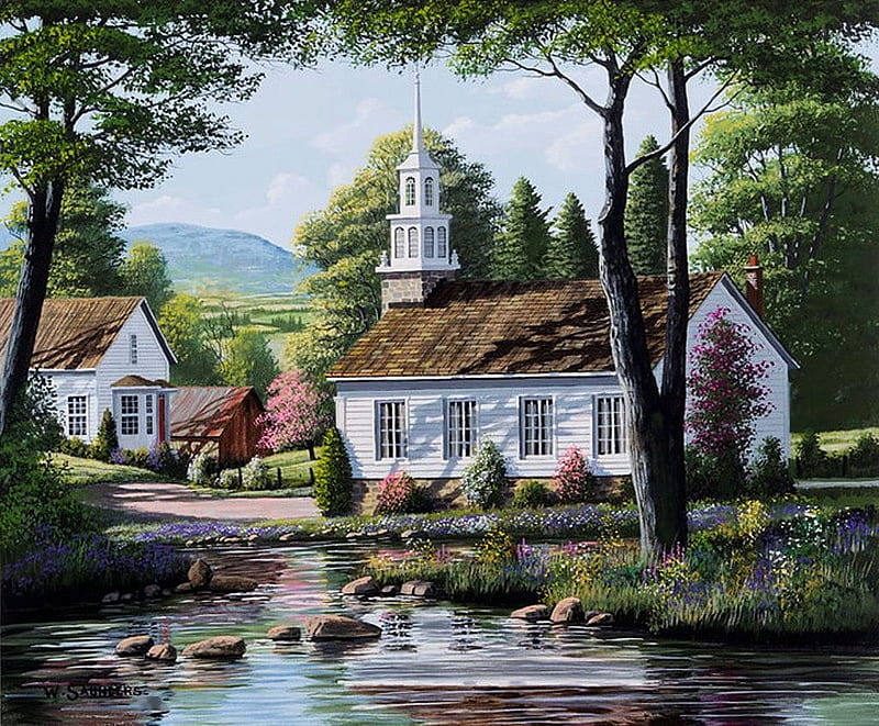 Spring Blossoms, house, stones, painting, river, church, trees, artwork, HD wallpaper