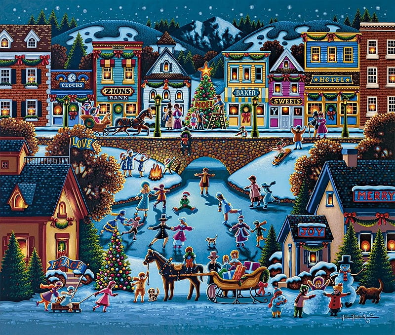 Hometown Christmas Folk, art, craciun, christmas, painting, pictura, eric dowdle, blue, HD wallpaper
