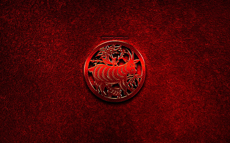 Sheep, Goat, Chinese zodiac, red metal signs, creative, Chinese calendar, Goat zodiac sign, red stone background, Chinese Zodiac Signs, Goat zodiac, HD wallpaper