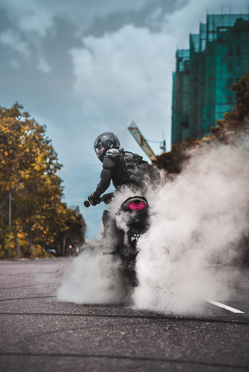 biker, motorcycle, drift, smoke, bike, HD phone wallpaper