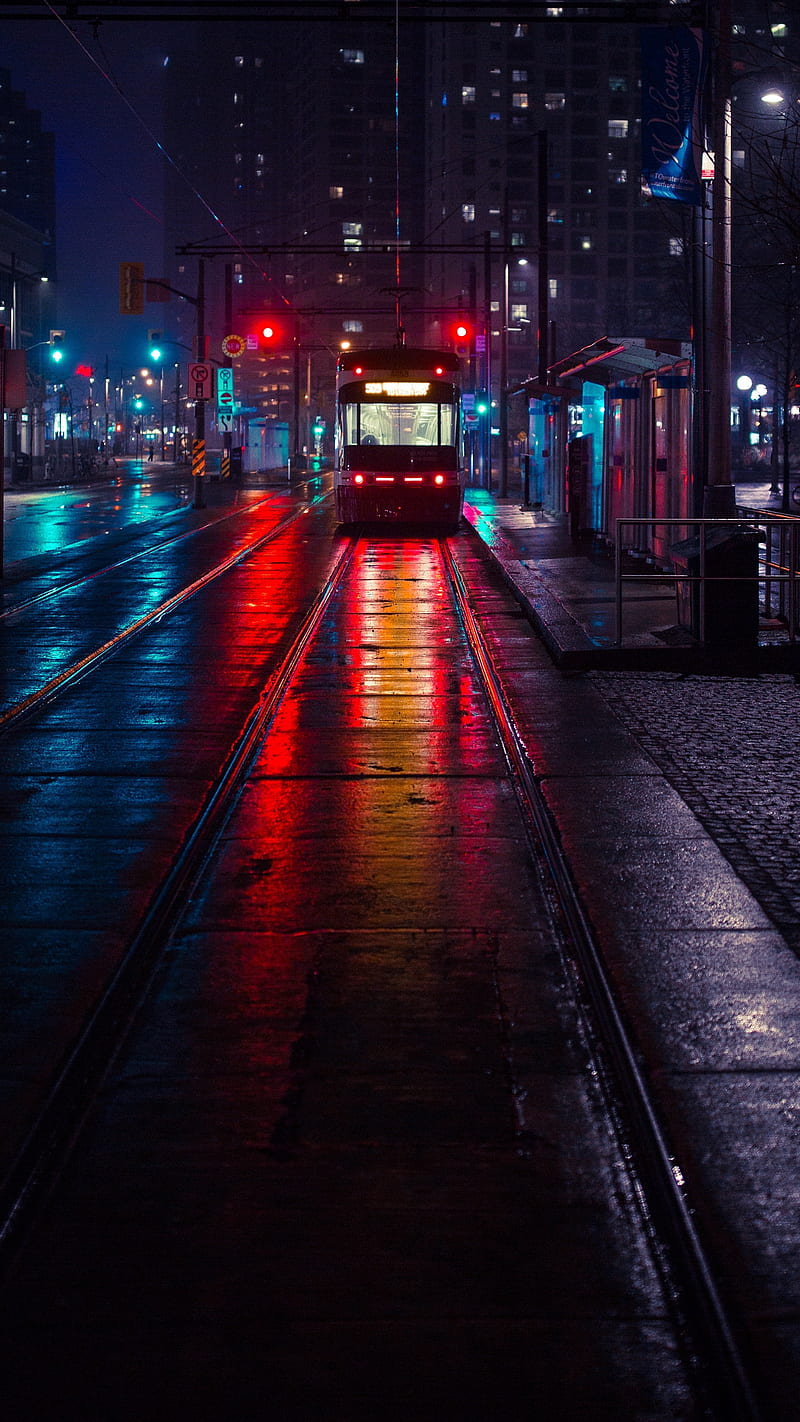 City Lights Reflection , evening, stop, trolley, lightening, HD phone wallpaper