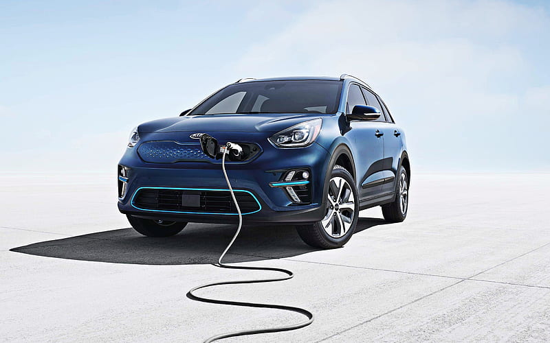 Kia Niro EV, 2020, exterior, front view, new blue Niro EV, electric vehicle charging, Kia, HD wallpaper