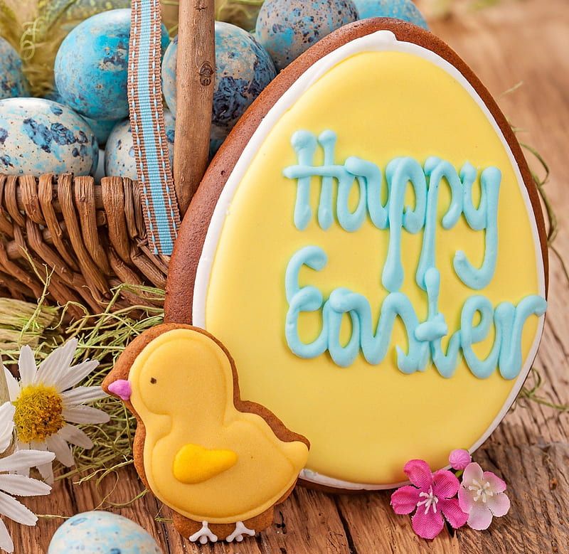Easter time, sweet cakes, Easter, holidays, decoration, basket, eggs, blue, HD wallpaper