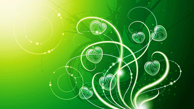 Green Heart Shape Leaves Glare Swirl Lines Abstraction Abstract, HD wallpaper