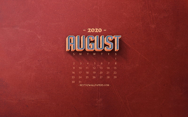 2020 August Calendar, red retro background, 2020 summer calendars, August 2020 Calendar, retro art, 2020 calendars, August, HD wallpaper