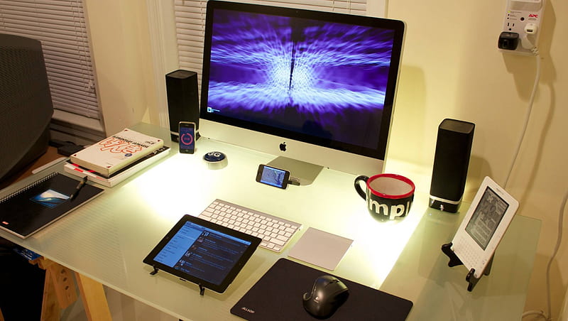 Modern Workstation, computer workstation, workstation tablet, smartphone, HD wallpaper