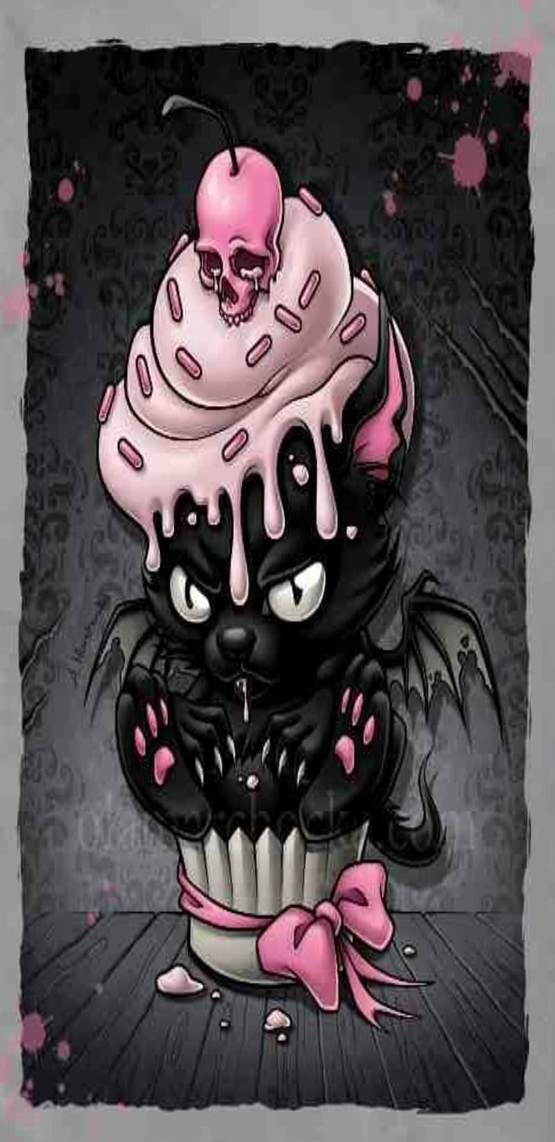 Gothskullcat, black, cat, cupcake, cute, goth, gothic, kitty, pink