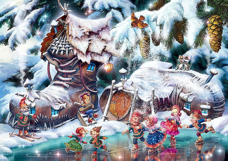 Winter Elves, snow, painting, artwork, fairy, shoes, HD wallpaper