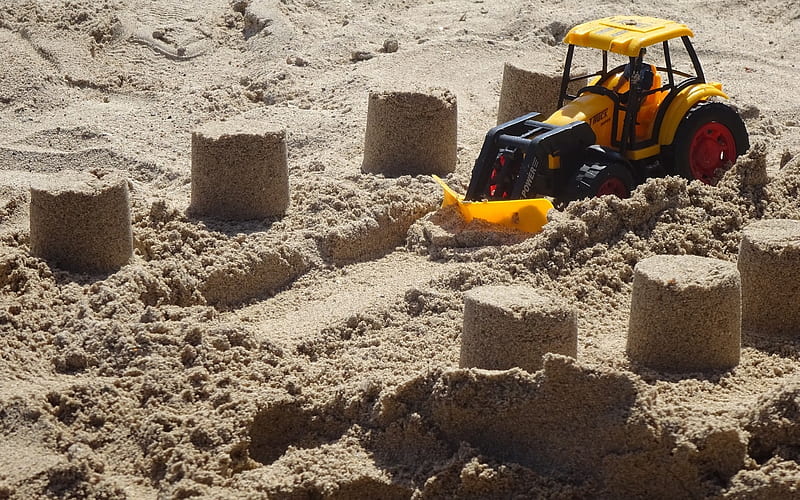 Toy Excavator in Sand, excavator, tractor, sand, toys, childhood, HD wallpaper