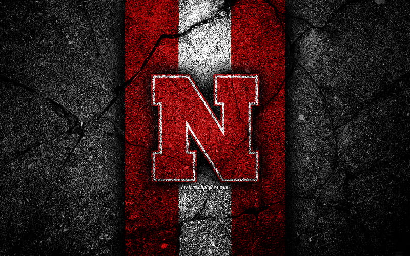 Nebraska Cornhuskers american football team, NCAA, red white stone, USA, asphalt texture, american football, Nebraska Cornhuskers logo, HD wallpaper