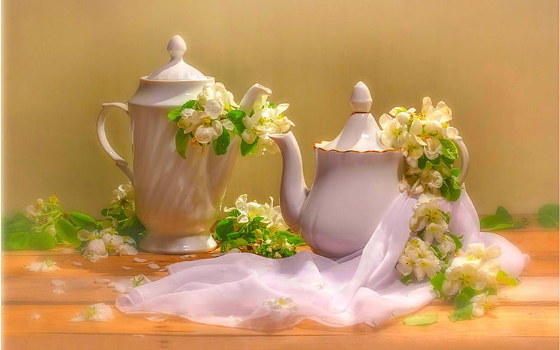 Still life, flowers, tea pot, fabric, HD wallpaper