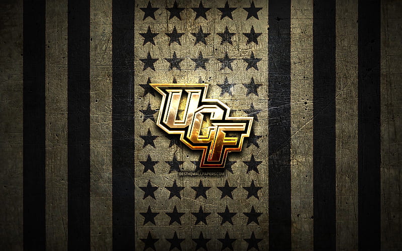 UCF Knights flag, NCAA, brown black metal background, american football team, UCF Knights logo, USA, american football, golden logo, UCF Knights, HD wallpaper