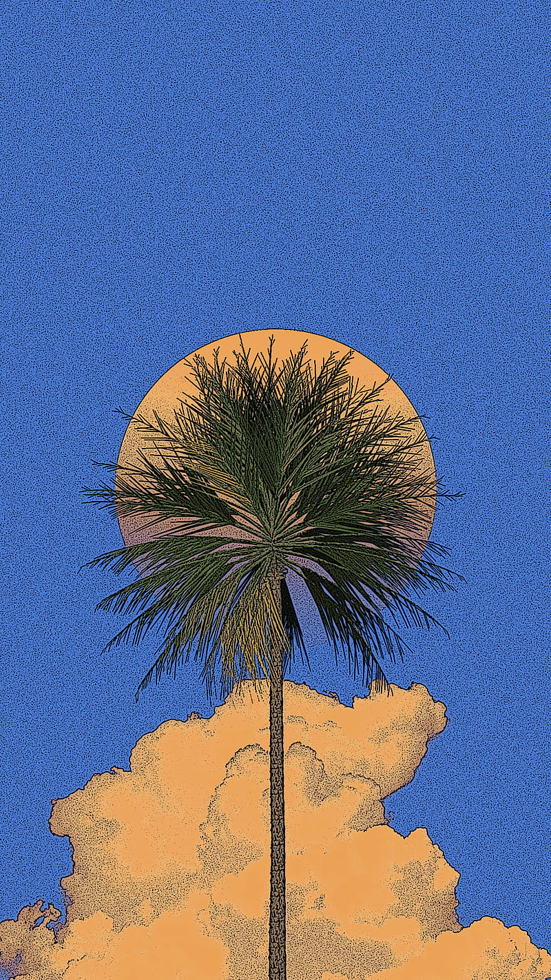 Palm tree, aesthetic, blue, clouds, miami, sunset, vaporwave, yellow, HD phone wallpaper