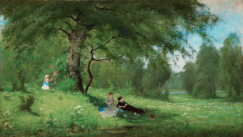Merry Company in a Summer Meadow, art, woman, green, girl, painting, summer, child, pictura, arvid mauritz lindstrom, HD wallpaper