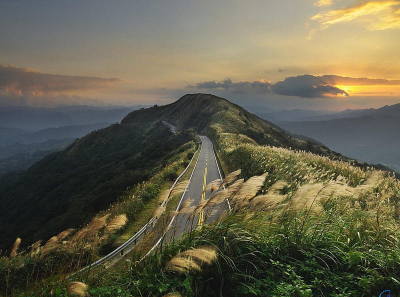 Road on a mountain-top, sun, sky, road, mountains, HD wallpaper