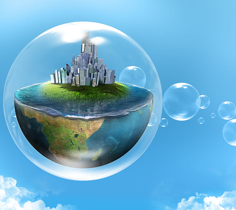 Creative planet, bubble, city, cloud, drops, water, HD wallpaper