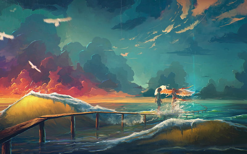 The moment, art, sylar113, angel, sunset, sky, sea, wave, fantasy, water, bird, couple, blue, HD wallpaper