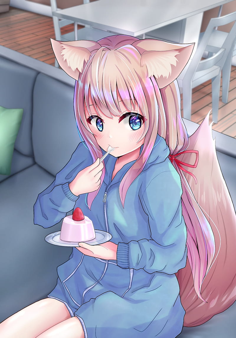 Neko, ponytail, dessert, anime, art, HD phone wallpaper | Peakpx