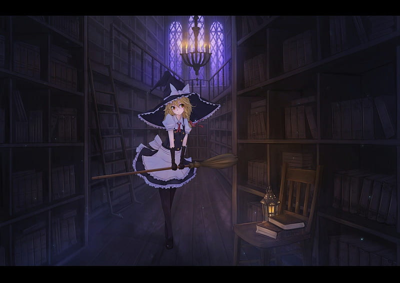 The Dark Library, witch, lamp, kirisame marisa, books, ladder, blonde, broom, hat, gloves, library, anime, touhou, chair, HD wallpaper