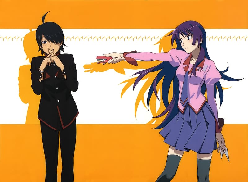 Anime, Stapler, Black Hair, Long Hair, Monogatari (Series), Purple Hair, Hitagi Senjōgahara, Koyomi Araragi, HD wallpaper