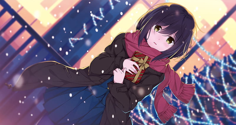 shizuka rin, virtual youtuber, nijisanji, red scarf, winter, gift, worried expression, Anime, HD wallpaper
