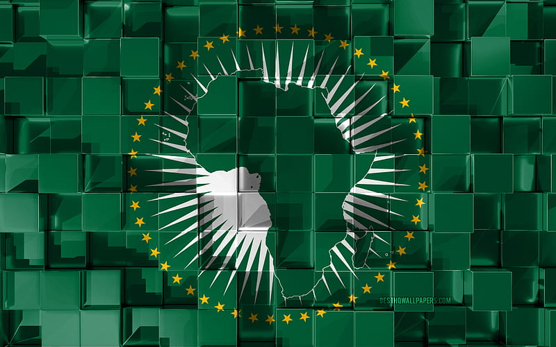 Flag of African Union, 3d flag, 3d cubes texture, international organization, Flags of African countries, 3d art, African Union, Africa, 3d texture, African Union flag, HD wallpaper