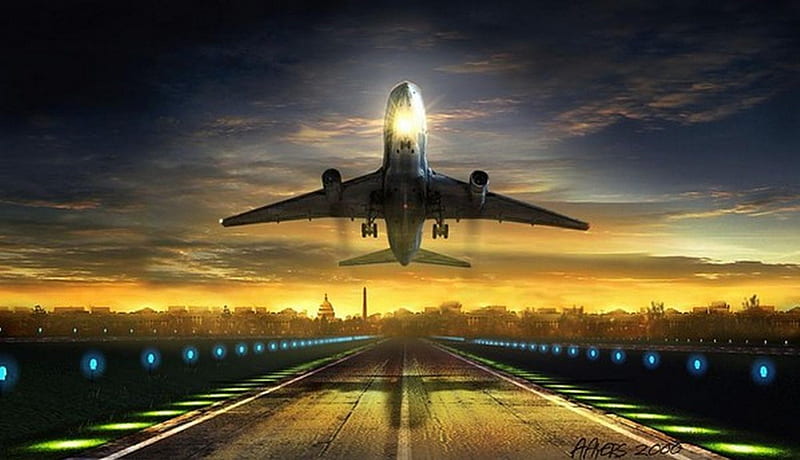 LEAVING ON A JET PLANE, washington dc, aircraft, evening, taking off, HD wallpaper