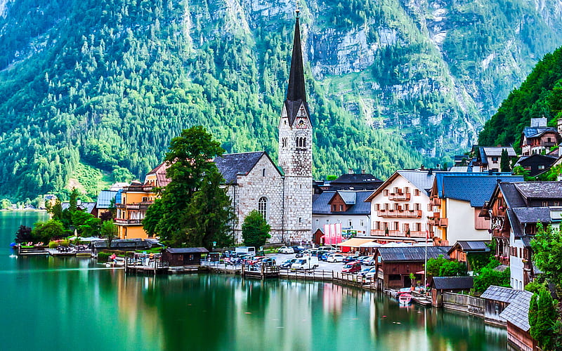 Hallstatt, blue lake, mountains, Europe, summer, Austria, HD wallpaper